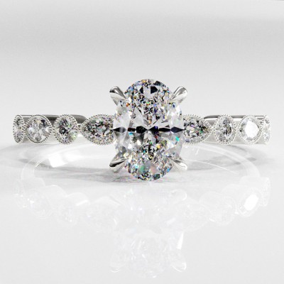 Oval Cut Moissanite Hidden Halo Side Stone Engagement Ring