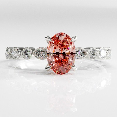 Oval Cut Lab Grown Morganite Hidden Halo Side Stone Engagement Ring