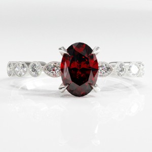 Oval Cut Lab Grown Ruby Hidden Halo Side Stone Engagement Ring