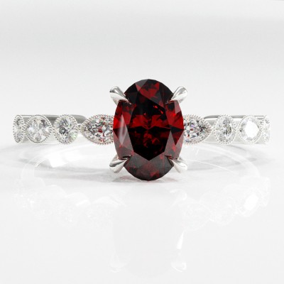 Oval Cut Lab Grown Ruby Hidden Halo Side Stone Engagement Ring