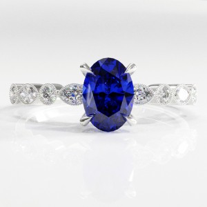 Oval Cut Lab Grown Sapphire Hidden Halo Side Stone Engagement Ring