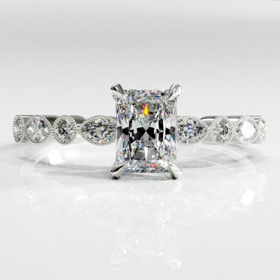 Radiant Cut Moissanite Hidden Halo Side Stone Engagement Ring