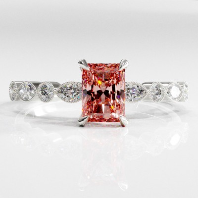 Radiant Cut Lab Grown Morganite Hidden Halo Side Stone Engagement Ring