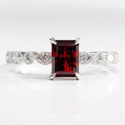 Radiant Cut Lab Grown Ruby Hidden Halo Side Stone Engagement Ring