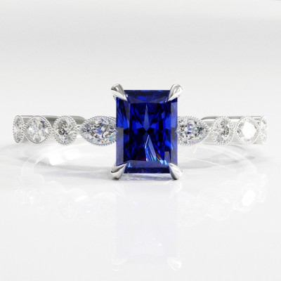 Radiant Cut Lab Grown Sapphire Hidden Halo Side Stone Engagement Ring