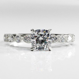 Cushion Cut Moissanite Hidden Halo Side Stone Engagement Ring