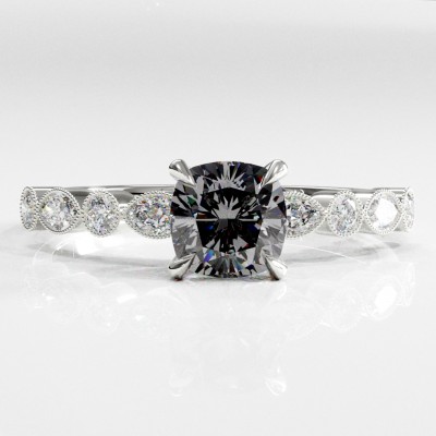 Cushion Cut Moissanite Hidden Halo Side Stone Engagement Ring