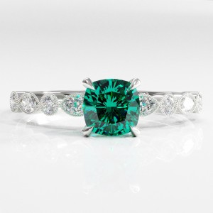 Cushion Cut Lab Grown Emerald Hidden Halo Side Stone Engagement Ring