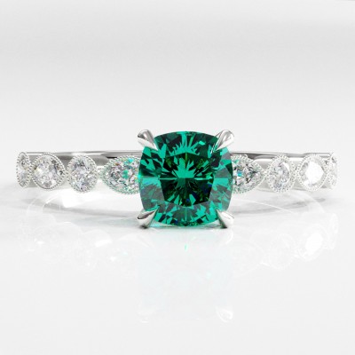 Cushion Cut Lab Grown Emerald Hidden Halo Side Stone Engagement Ring