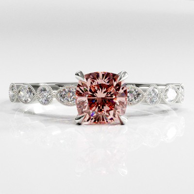 Cushion Cut Lab Grown Morganite Hidden Halo Side Stone Engagement Ring