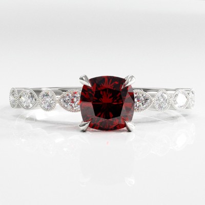 Cushion Cut Lab Grown Ruby Hidden Halo Side Stone Engagement Ring