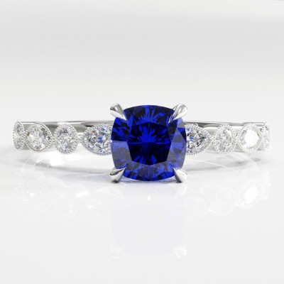 Cushion Cut Lab Grown Sapphire Hidden Halo Side Stone Engagement Ring