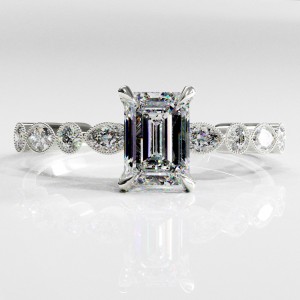 Emerald Cut Moissanite Hidden Halo Side Stone Engagement Ring