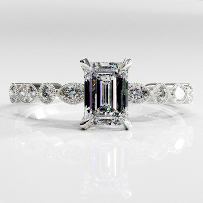 Emerald Cut Moissanite Hidden Halo Side Stone Engagement Ring