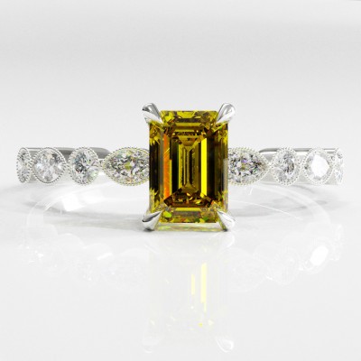 Emerald Cut Moissanite Hidden Halo Side Stone Engagement Ring