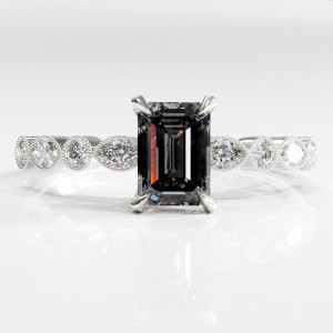 Emerald Cut Moissanite Hidden Halo Side Stone Engagement Ring