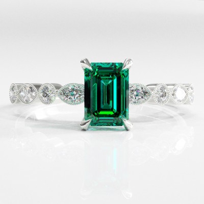 Emerald Cut Lab Grown Emerald Hidden Halo Side Stone Engagement Ring