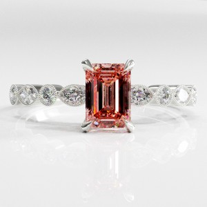 Emerald Cut Lab Grown Morganite Hidden Halo Side Stone Engagement Ring