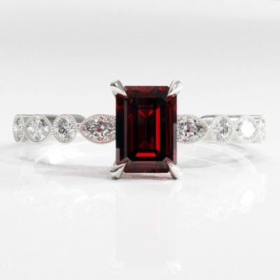 Emerald Cut Lab Grown Ruby Hidden Halo Side Stone Engagement Ring