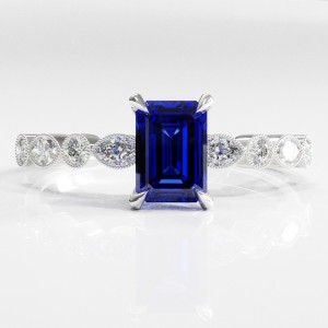 Emerald Cut Lab Grown Sapphire Hidden Halo Side Stone Engagement Ring