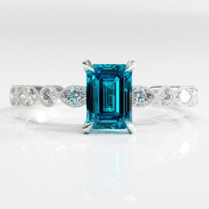 Emerald Cut Natural Topaz Hidden Halo Side Stone Engagement Ring