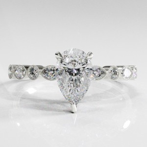 Pear Cut Moissanite Hidden Halo Side Stone Engagement Ring