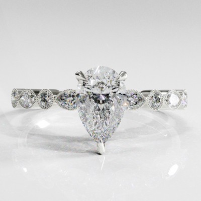 Pear Cut Moissanite Hidden Halo Side Stone Engagement Ring