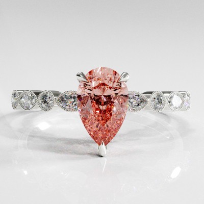 Pear Cut Lab Grown Morganite Hidden Halo Side Stone Engagement Ring