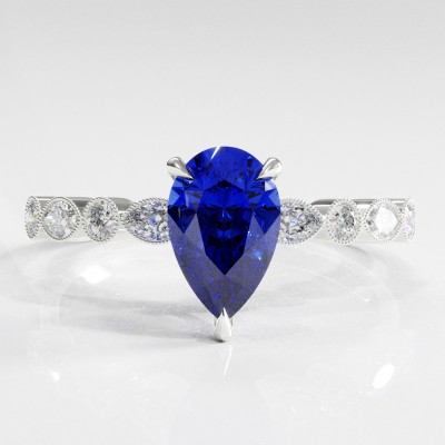 Pear Cut Lab Grown Sapphire Hidden Halo Side Stone Engagement Ring