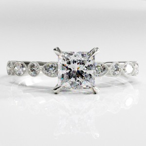 Princess Cut Moissanite Hidden Halo Side Stone Engagement Ring