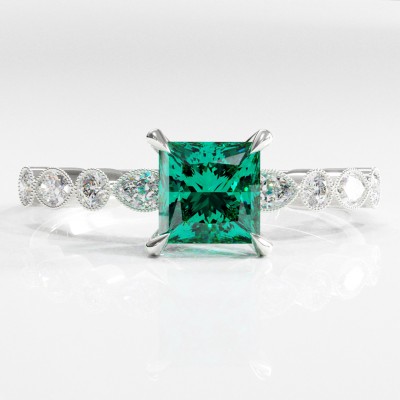 Princess Cut Lab Grown Emerald Hidden Halo Side Stone Engagement Ring