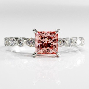 Princess Cut Lab Grown Morganite Hidden Halo Side Stone Engagement Ring