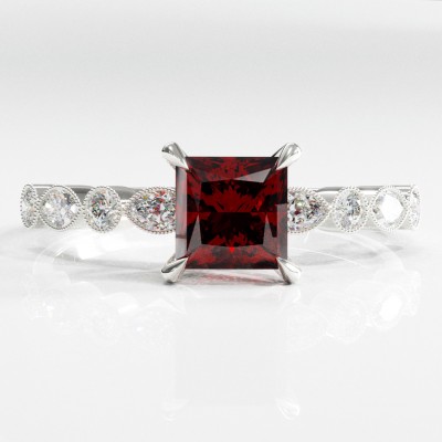 Princess Cut Lab GrownRuby Hidden Halo Side Stone Engagement Ring