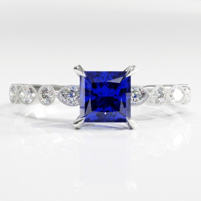 Princess Cut Lab Grown Sapphire Hidden Halo Side Stone Engagement Ring