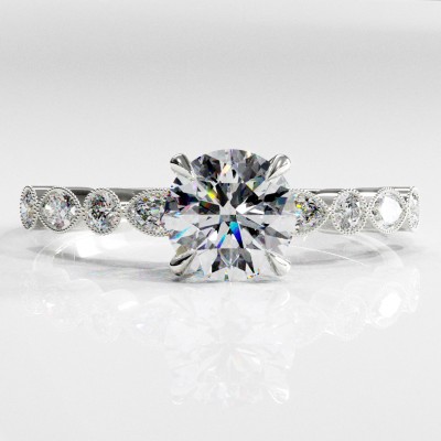 Round Cut Moissanite Hidden Halo Side Stone Engagement Ring