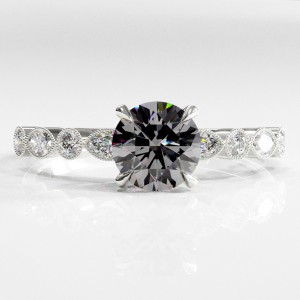 Round Cut Moissanite Hidden Halo Side Stone Engagement Ring