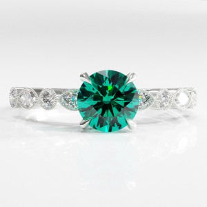 Round Cut Lab Grown Emerald Hidden Halo Side Stone Engagement Ring