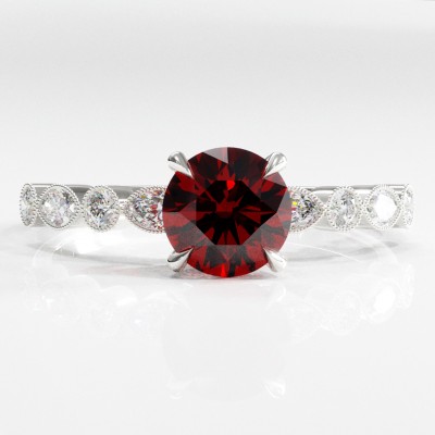 Round Cut Lab Grown Ruby Hidden Halo Side Stone Engagement Ring