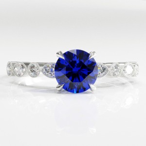 Round Cut Lab Grown Sapphire Hidden Halo Side Stone Engagement Ring