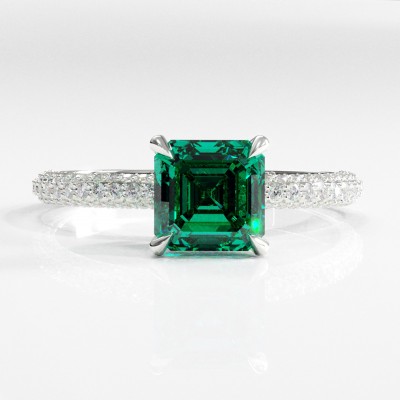 Asscher Cut Lab Grown Emerald Hidden Halo Pave Engagement Ring 