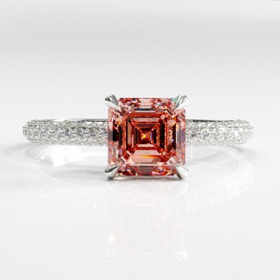 Asscher Cut Lab Grown Morganite Hidden Halo Pave Engagement Ring 