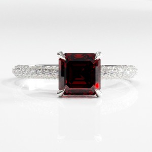 Asscher Cut Lab Grown Ruby Hidden Halo Pave Engagement Ring 