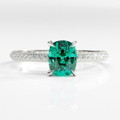 Elongated Cushion Cut Lab Grown Emerald Hidden Halo Pave Engagement Ring 