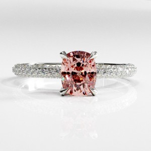 Elongated Cushion Cut Lab Grown Morganite Hidden Halo Pave Engagement Ring 