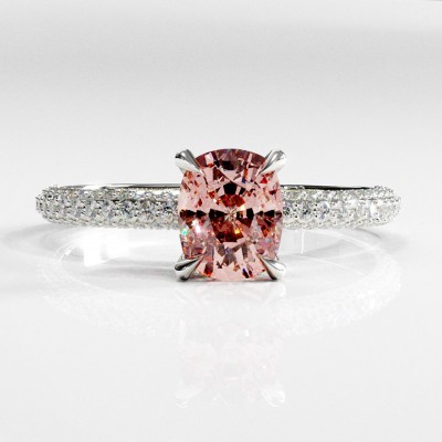 Elongated Cushion Cut Lab Grown Morganite Hidden Halo Pave Engagement Ring 