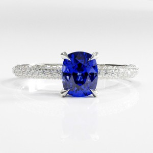 Elongated Cushion Cut Lab Grown Sapphire Hidden Halo Pave Engagement Ring 