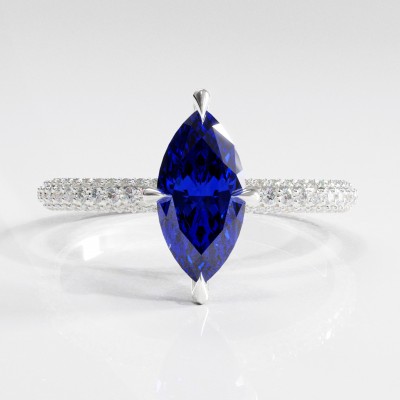 Marquise Cut Lab Grown Sapphire Hidden Halo Pave Engagement Ring 