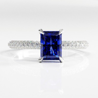 Radiant Cut Lab Grown Sapphire Hidden Halo Pave Engagement Ring 