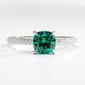 Cushion Cut Lab Grown Emerald Hidden Halo Pave Engagement Ring 