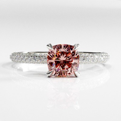 Cushion Cut Lab Grown Morganite Hidden Halo Pave Engagement Ring 